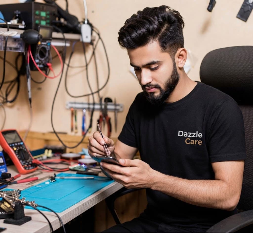 DazzleCare technician testing a repaired phone at the Dhaka service lab